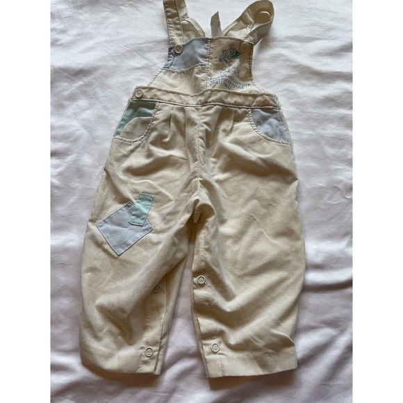 Vintage White Lightweight Cotton Patchwork Wagon Overalls One Piece Button 12 mo - Picture 4 of 11